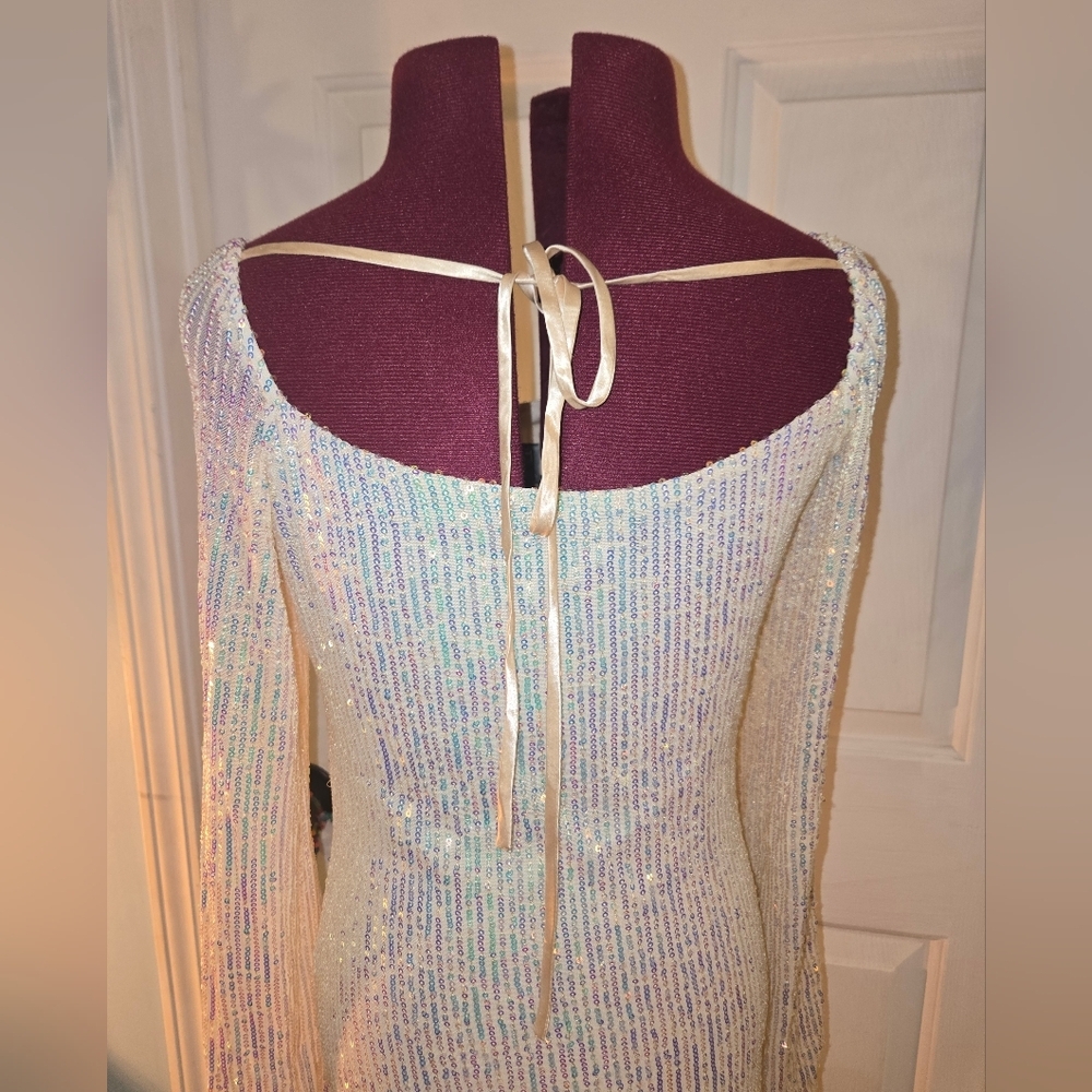 Speechless Small Long Balloon Sleeve Opalescent Sequin Tie Back Mini Dress - Picture 3 of 7